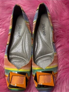 J. Renee Colorful Striped Satin Ballet Flats Square Toe Gem Accent Size 7